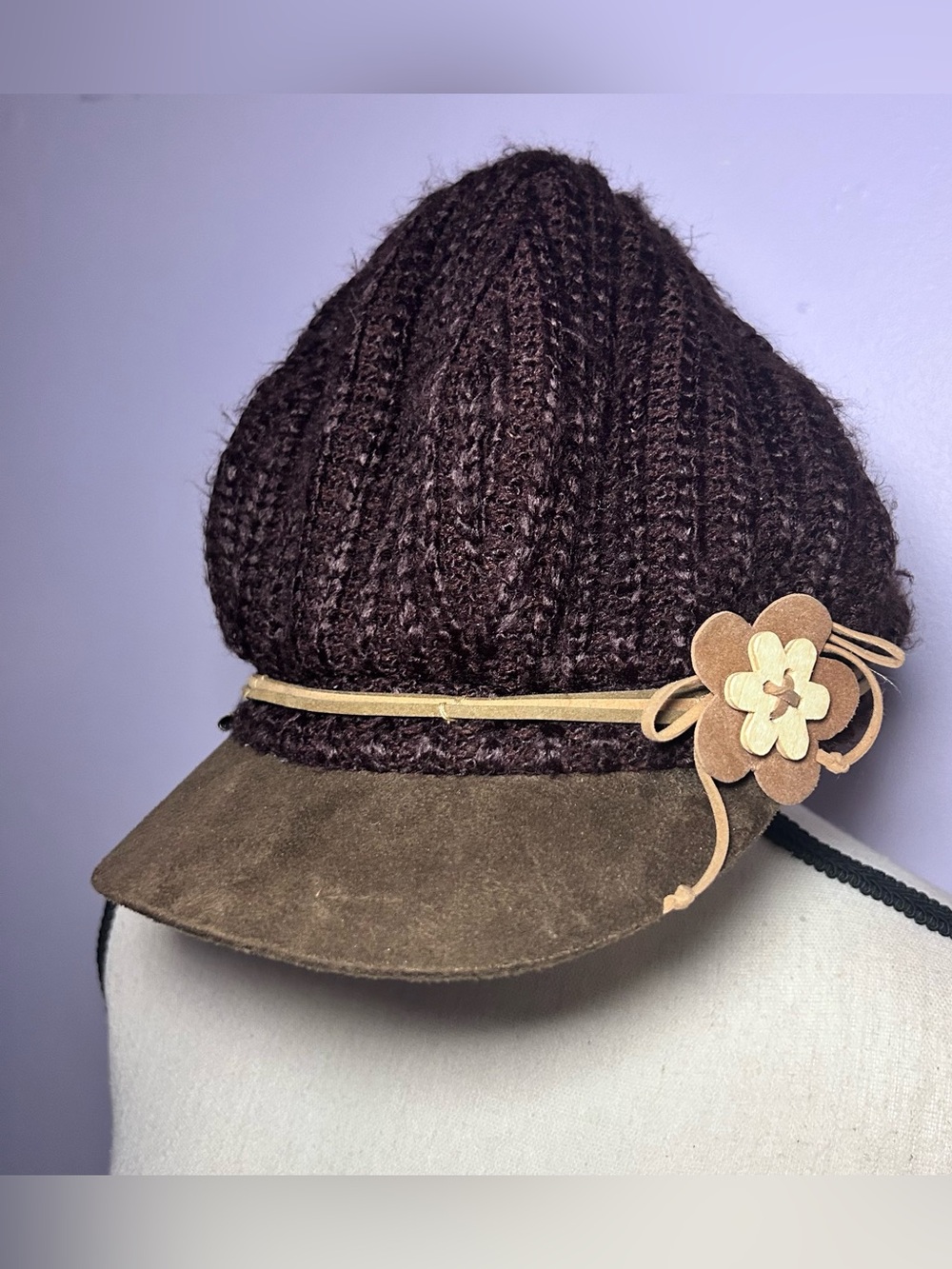 Y2K Chunky Knit Brown Newsboy Cap by Y.C.E. Leather Flower